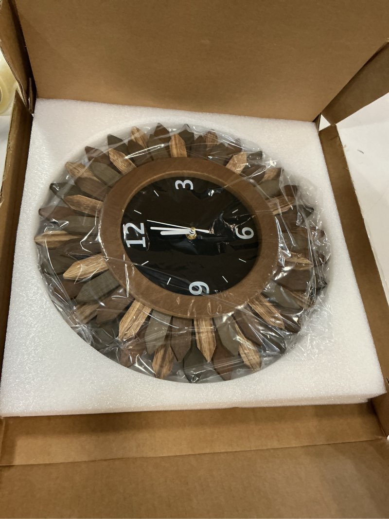 Condition photo showing New/Like New for honiway 14 inch wall clock, rustic wood boho sunburst decorative wall clocks battery operated silent non ticking farmhouse small wall clocks for living room kitchen bedroom home decor (tricolor) tricolor 14 inch