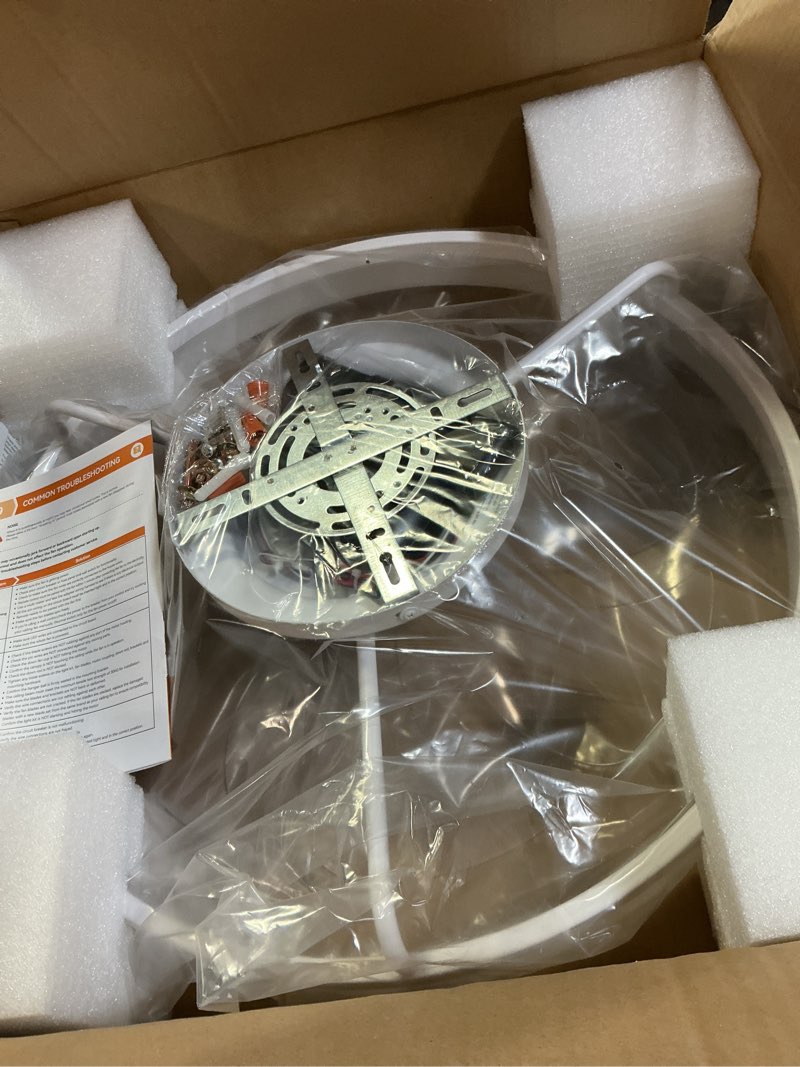 Condition photo showing Good Condition for 20'' ceiling fans with lights and remote, low profile flush mount upgrade 7-blade ceiling fan with light, 3000k-6500k dimmable modern fandelier ceiling fans for bedroom, white