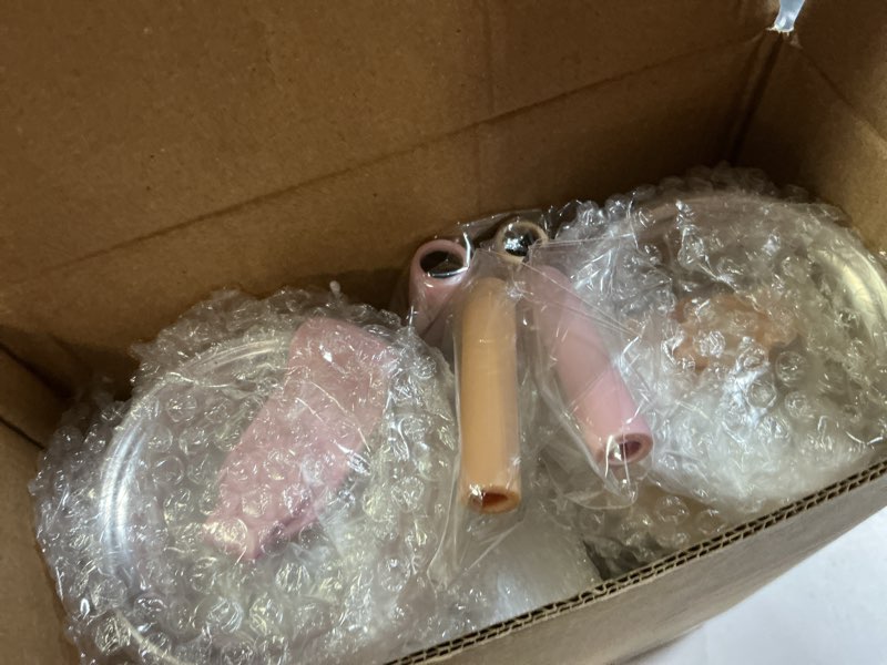 Condition photo showing item condition for Kodrine 24oz Glass Tumbler with 2 Lids and Straws, Glass Cup With Bamboo Lid and On-the-go Lid, Reusable Iced Coffee Cup, Ideal for Smoothie, Cold Drinks, Fit Cup Holder, BPA Free (2, Amber+Pink)