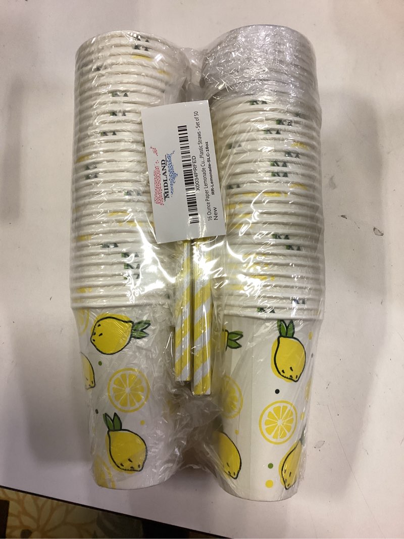 Condition photo showing New/Like New for Upper Midland Products 150 Pieces / 50 Sets 16 Oz Lemonade Cups with Lids and Paper Straws - Set of 50 - Lemonade Stand Supplies For Kids and Adults 1 Count (Pack of 1)