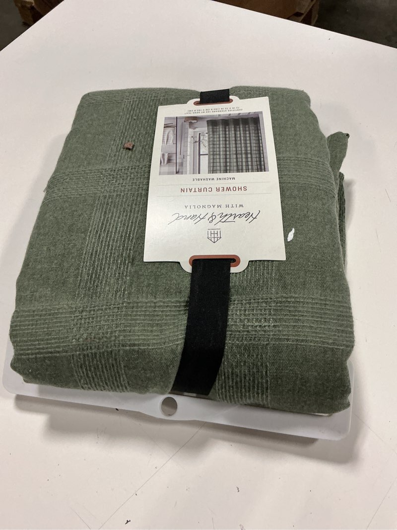 Condition photo showing New/Like New for washed square shower curtain green - hearth & hand™ with magnolia: recycled polyester, textured grid print