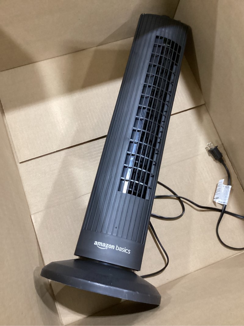 Condition photo showing Good Condition for amazon basics 28" 60-degree oscillating tower fan with powerful airflow for bedroom, living room, office, 3 speeds, mechanical control, air circulator, 35w, 27.8"h x 9.4"d x 9.4"w, black 28" - mechanical control