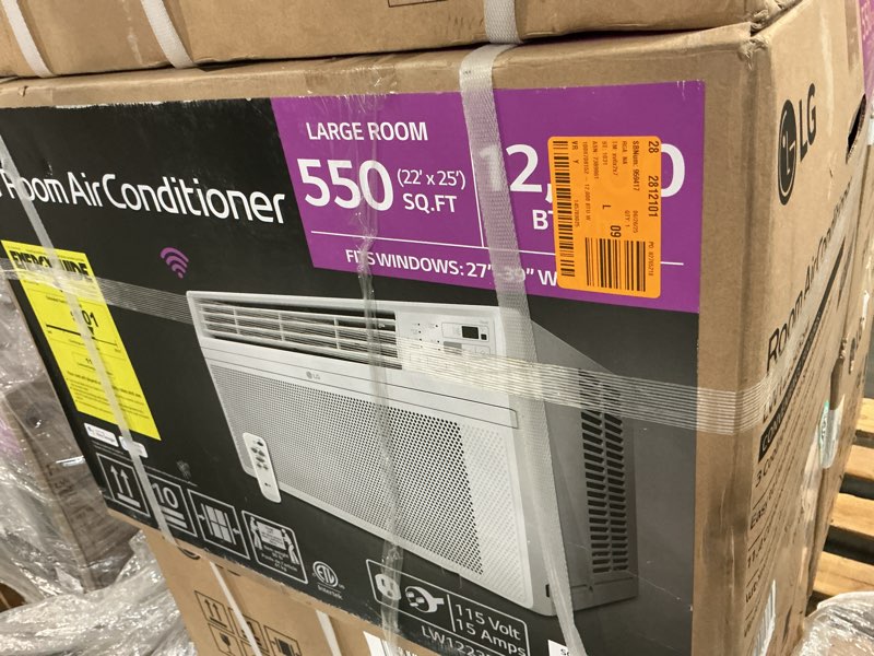 Condition photo showing New/Like New for lg 12,000 btu 115v window air conditioner cools 550 sq. ft. with wi-fi, and remote in white