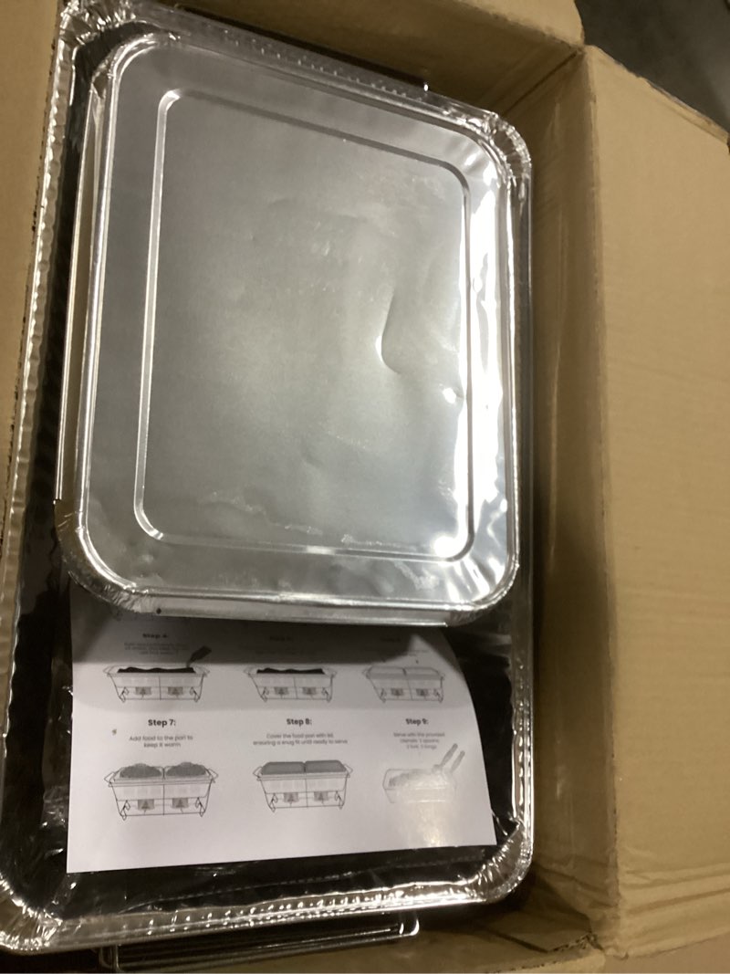 Condition photo showing Good Condition for 5 Pack - Disposable Chafing Dish Buffet Set - Large Full Size (52 pcs) – Catering Food Warmers with Half-Sized Serving Pans, Lids, Racks, Utensils & Fuel Cans - Perfect for Buffets & Food Serving 5 Pack Full Size
