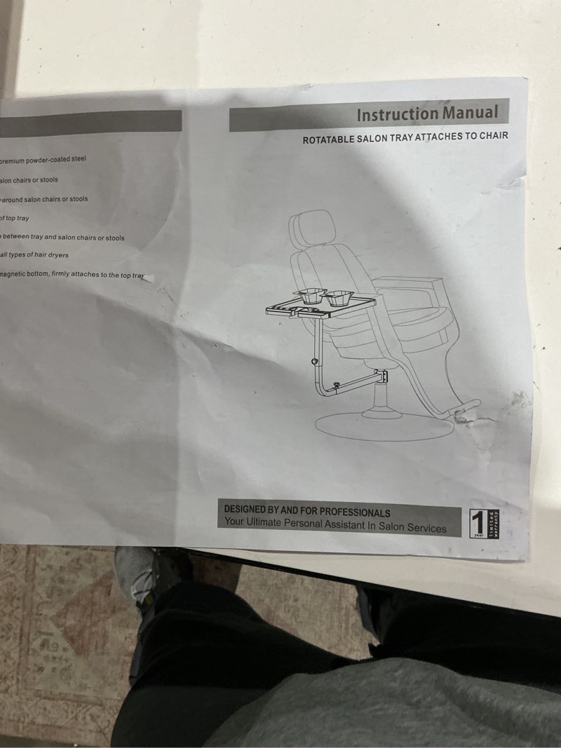 Condition photo showing As Is for similar not exact     salon tray attached to chair 360° rotating metal hairstylist tray with hair separator, adjustable height and width for hairdressing tattoo hair color styling tools barber chairs, no wheels