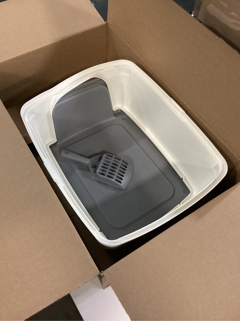 Condition photo showing Good Condition for Amazon Basics Large Cat Litter Box with High Sides, Open Top, Includes Scoop, 19 x 15 x 11.75 inches, Grey/Beige Grey/Beige Open Top