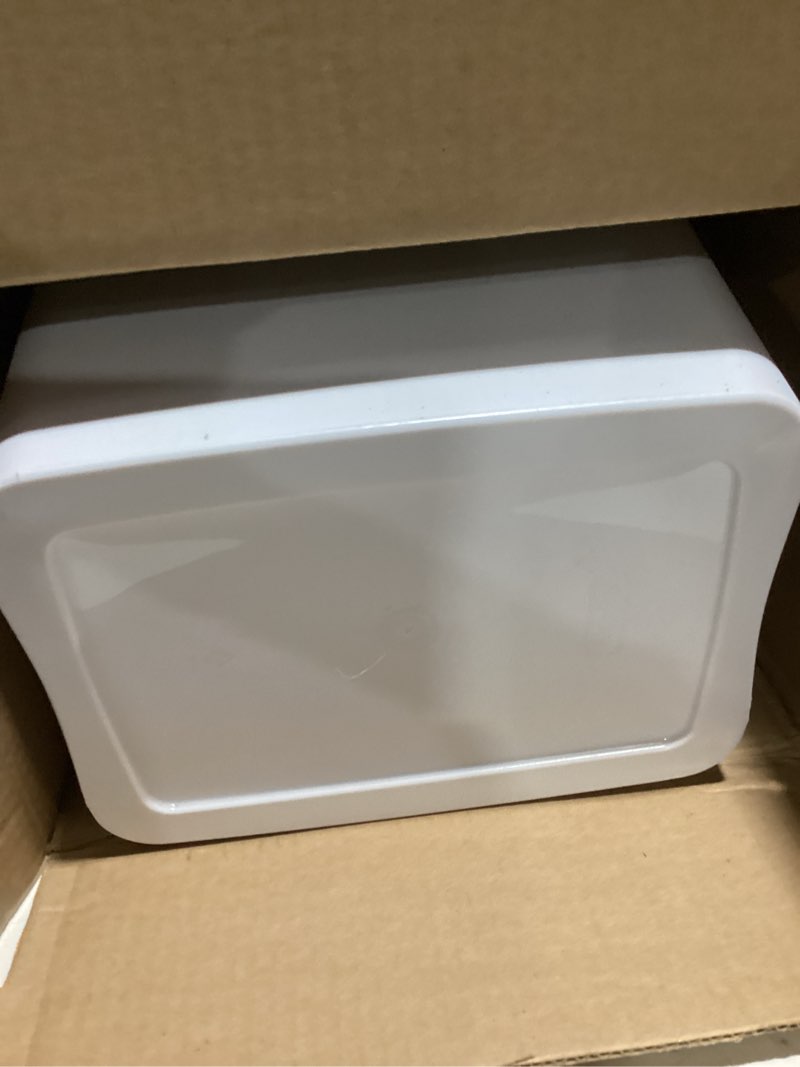 Condition photo showing As Is for Sterilite 7.5 Gallon TouchTop Wastebasket Trash Can with Pop Up Lid for Kitchen, Bathroom, Mudroom or Office, 4 Pack, White 4 Pack White