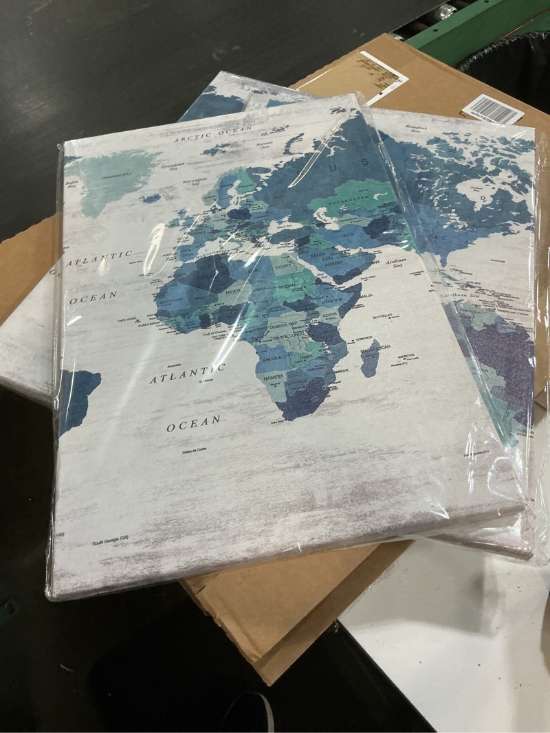 Condition photo showing New/Like New for large canvas wall art world map pictures for living room office farmhouse wall decoration abstract print art teal decor rustic map of the world picture framed artwork for home office decoration color a overall 59x30 inch