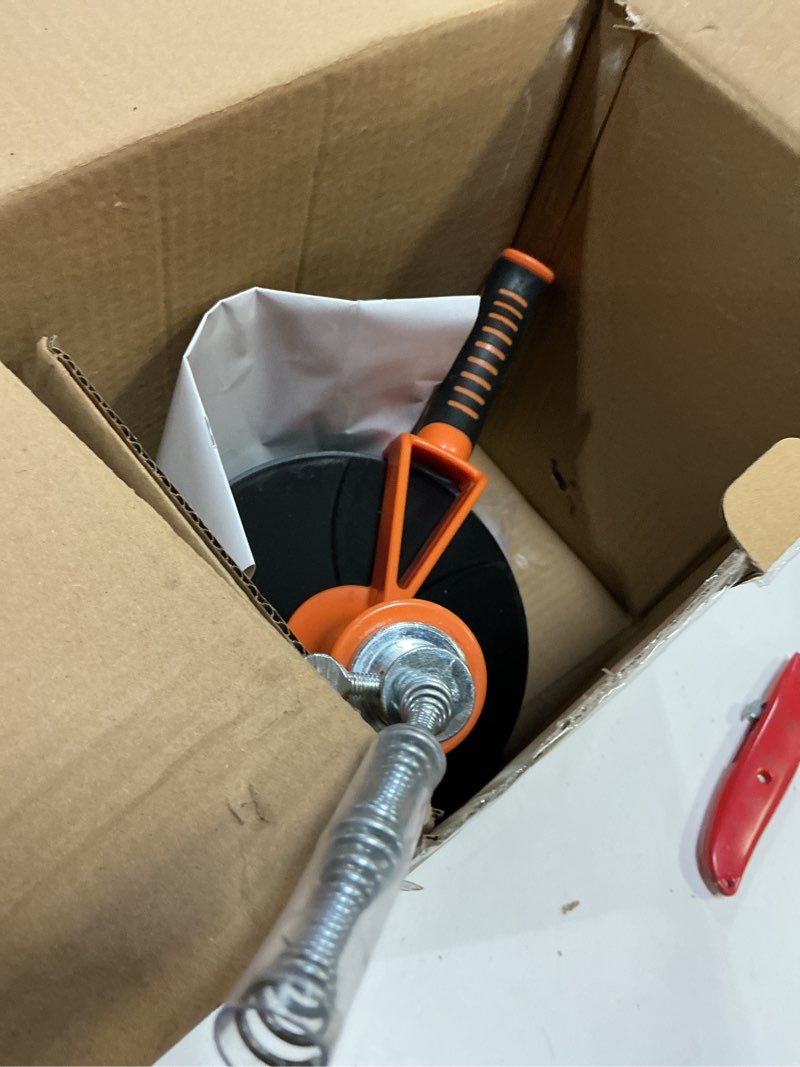 Condition photo showing As Is for drain auger, clog remover with drill adapter, 25 feet flexible plumbing snake use manually or powered for kitchen, bathroom and shower sink, comes with gloves (orange)