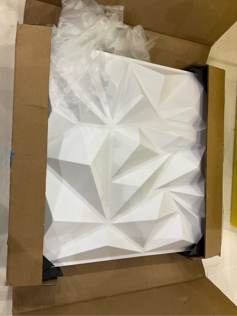 Condition photo showing New/Like New for Art3d 33-Pack 3D Wall Panels for Interior Wall Decor, Modern Diamond Textured Accent Wall Paneling for Gaming Living Room TV Wall Background, 12 x 12 inch White, A10342 12x12 Inch 33 pcs White