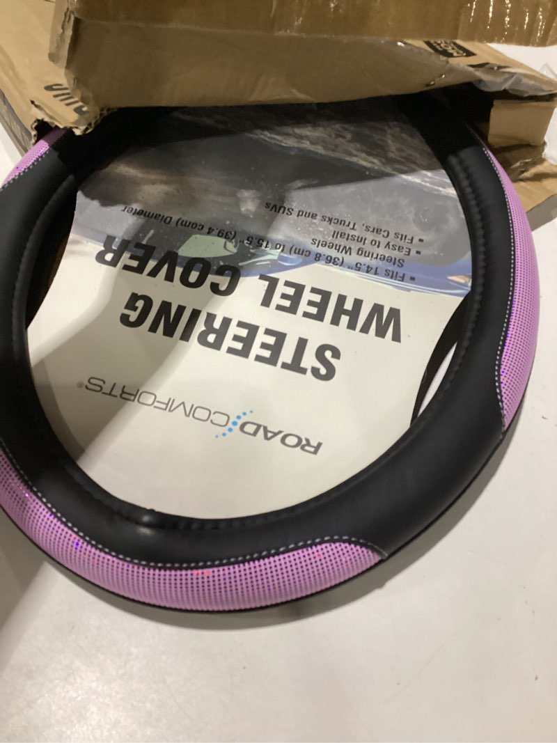 Condition photo showing Good Condition for road comforts pixel glitter steering wheel cover, 14.5–15 inch leather steering wheels snug fit, anti-slip leather grip, elegant sparkle design, universal fit - purple