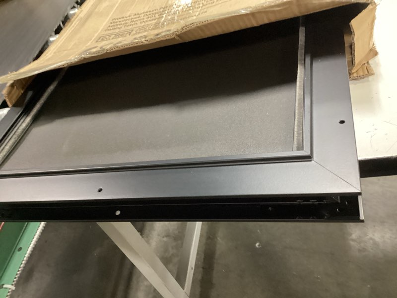 Condition photo showing As Is for all aluminum dog door for exterior door, large doggy door, heavy duty pet door, double magnetic flaps, thermal tnsulation, energy efficient, sliding lock panel (pets up to 110lb).