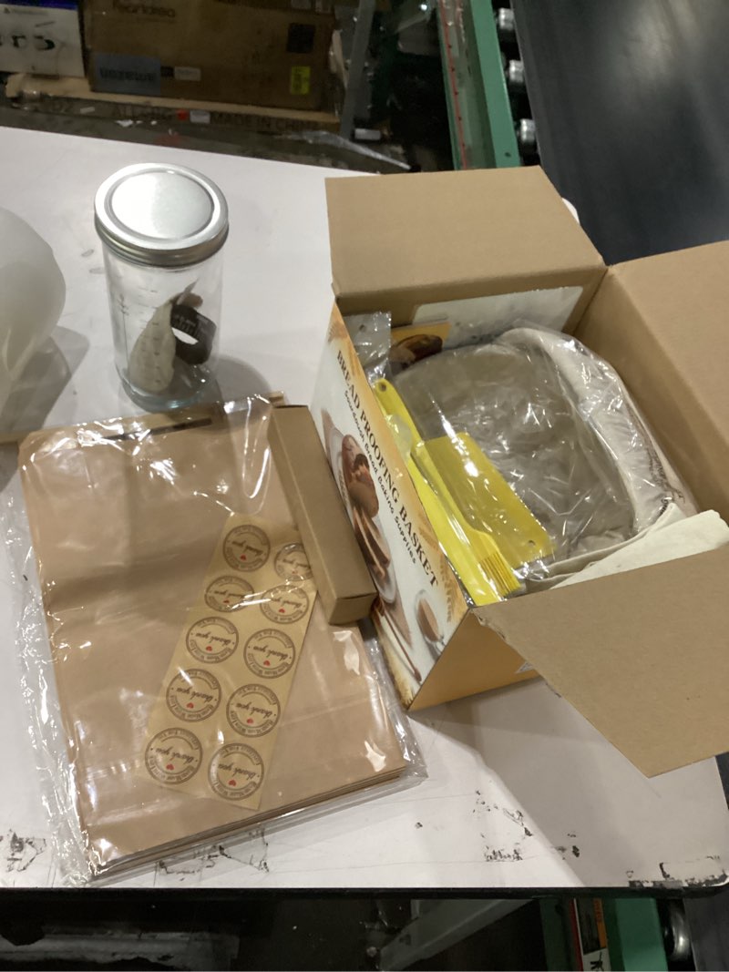 Condition photo showing New/Like New for Sourdough Starter Kit, Sourdough Bread Baking Supplies, Round & Oval Banneton Bread Proofing Basket, Bread Sling, Starter Jar, Dough Whisk, Scrapers, Stencils & Bag, Complete Sourdough Kit Gifts