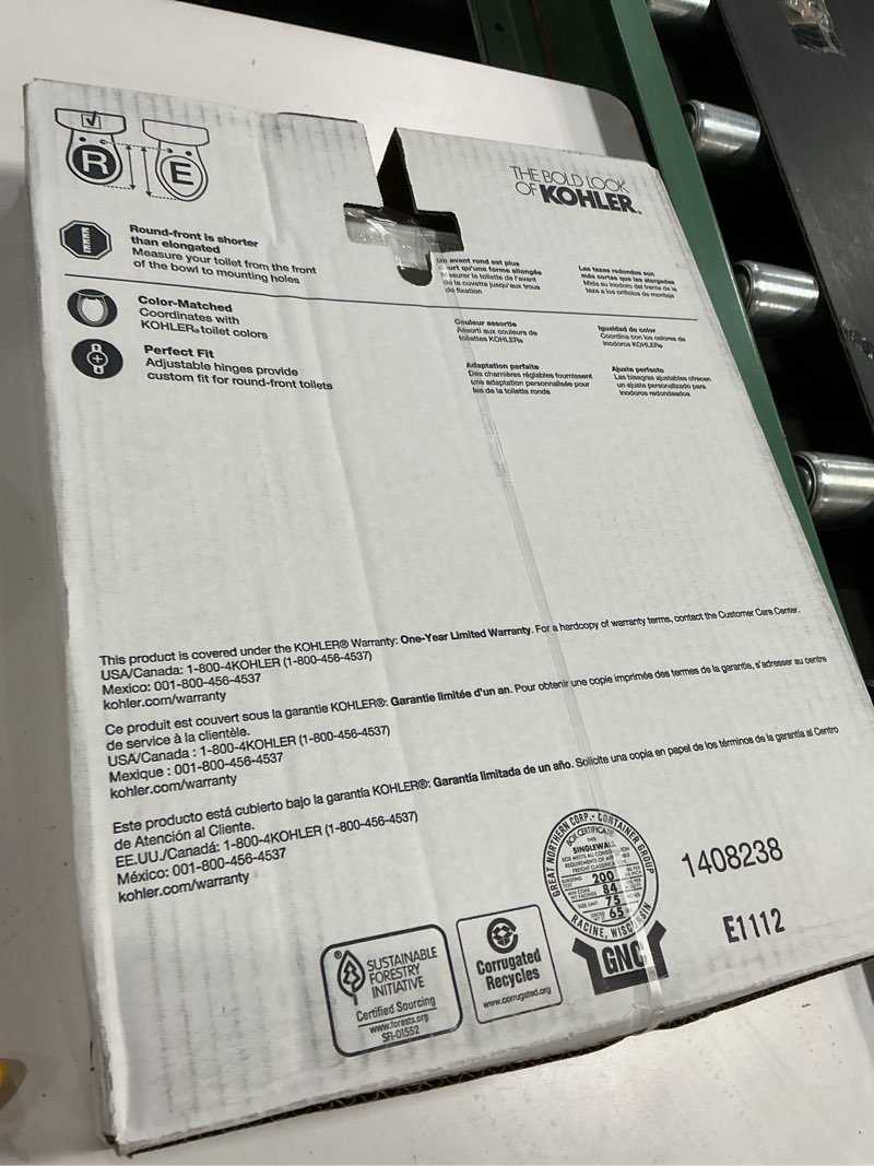 Condition photo showing New/Like New for kohler 20111-0 brevia, slow close toilet seat, round toilet seat, grip-tight bumpers quick-attach hardware, white