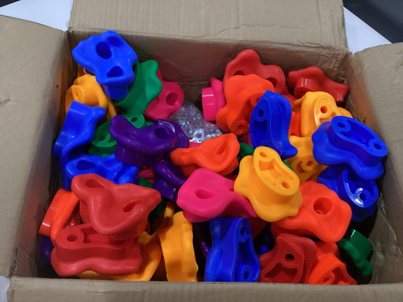 Condition photo showing Good Condition for Meooeck 72 Pcs Kids Rock Wall Climbing Holds Set Colorful Grips with Mounting Screws and Hardware for DIY Indoor Outdoor Backyard Playground Play Set Back to School Birthday Gift(Classic Color)