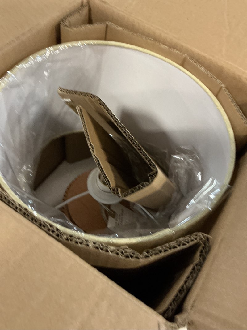 Condition photo showing Good Condition for beautiful 10.25  x 10.25  x 14  brown faux ribbed wood table lamp by drew barrymore