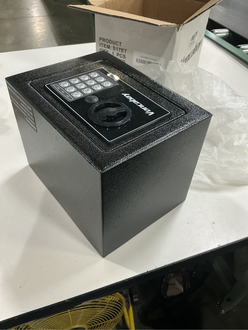 Condition photo showing Good Condition for voncabay money safe box for home with sensor light & fireproof money bag - 0.23 cubic feet security safe box with digital keypad, keys & pass code lock, 9.05" w x 6.69" d x 6.69" h, black black 0.23 cubic feet