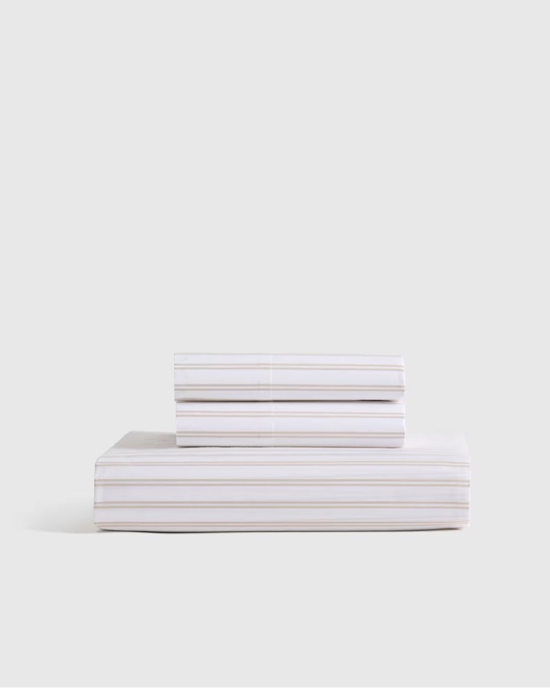 organic crisp percale double stripe fitted sheet set color: white/toffee size: king