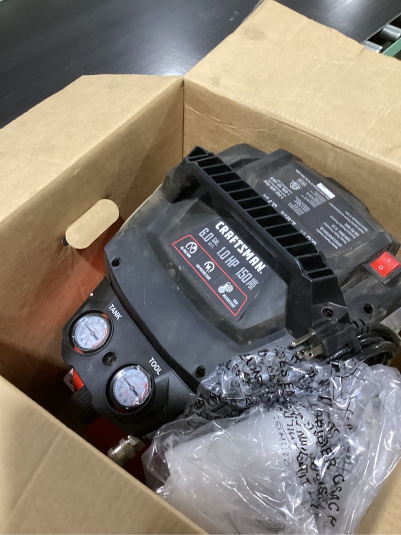 Condition photo showing As Is for craftsman 6-gallon portable electric 150 psi pancake air compressor