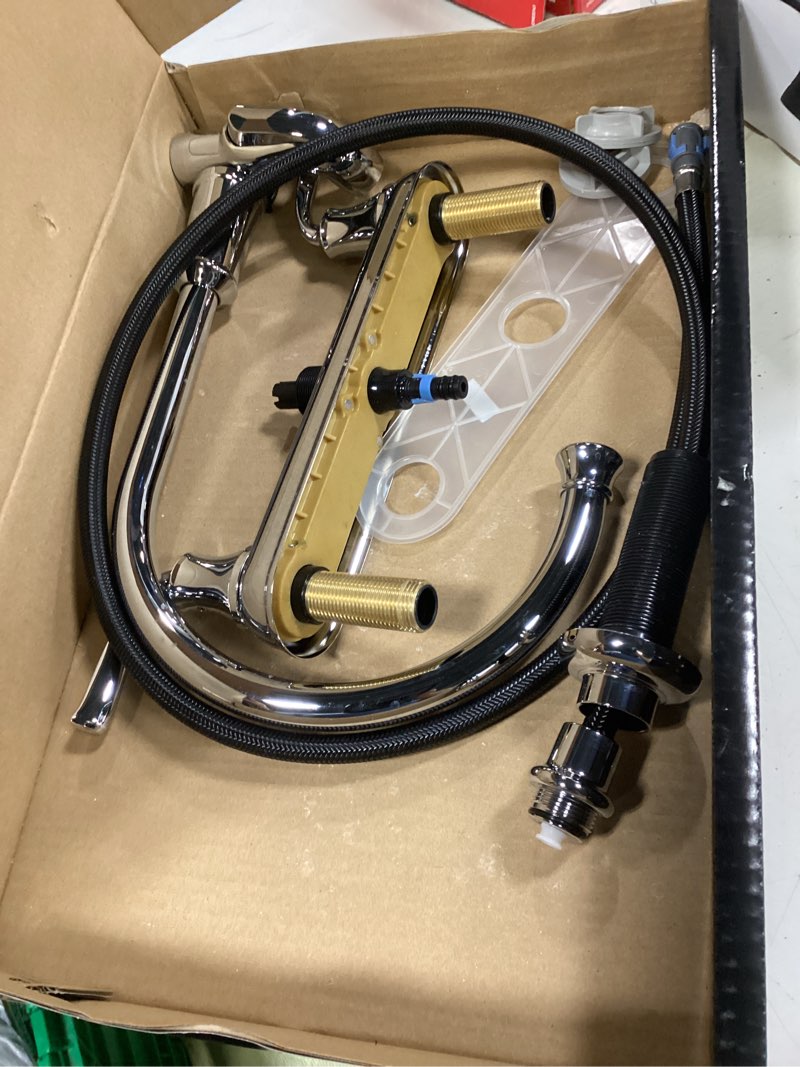 Condition photo showing As Is for delta lorain chrome double handle kitchen faucet (side spray included)