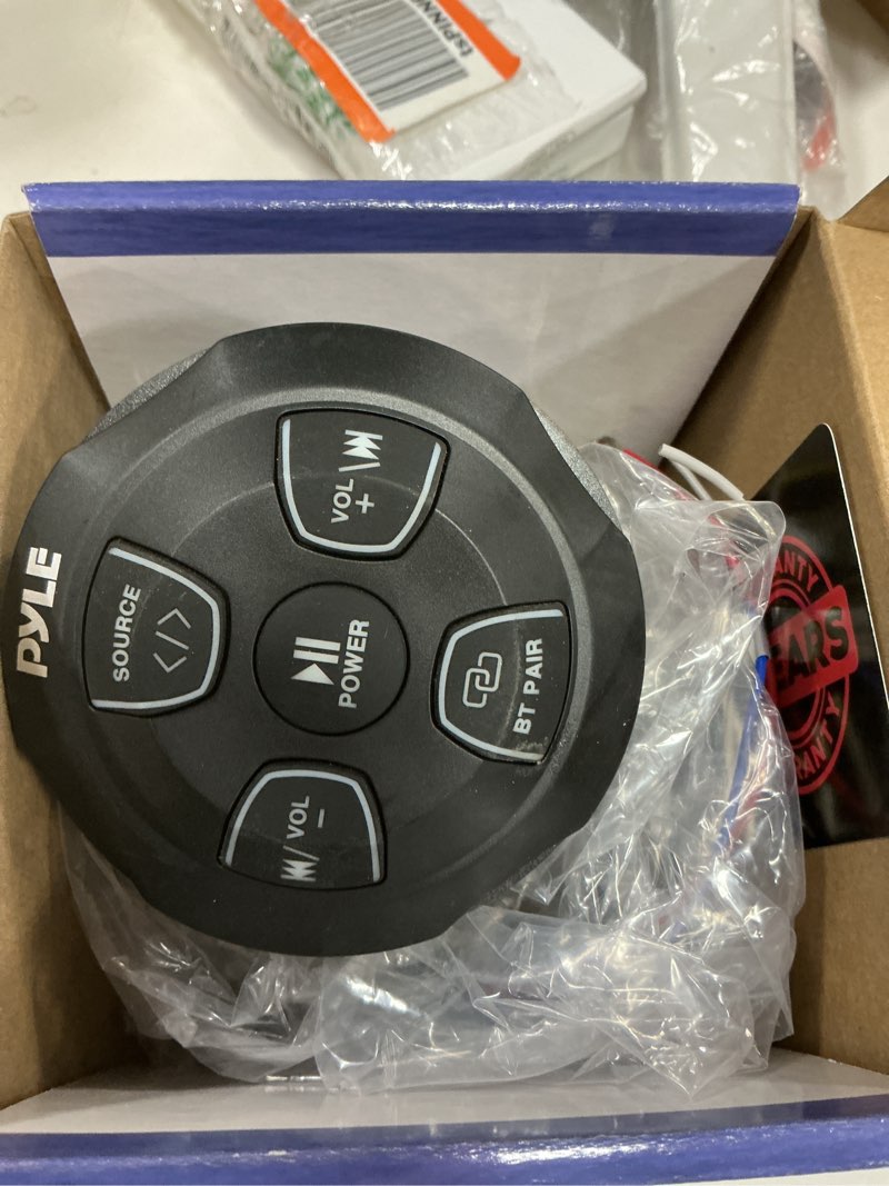 Condition photo showing As Is for Pyle Amplified Wireless Bluetooth Audio Controller - 300 Watt Bluetooth Media Button, Waterproof Marine Receiver Remote Control W/Aux, Mount for Car Truck Boat Marine Powersport Vehicles - PLMRBT18
