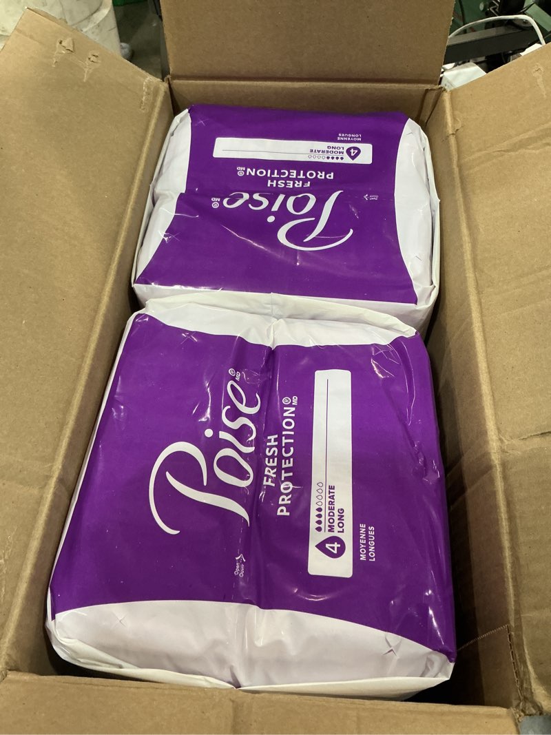 Condition photo showing New/Like New for poise incontinence & postpartum pads for bladder leaks, 4 drop moderate absorbency, long length, 108 count, packaging may vary long 108