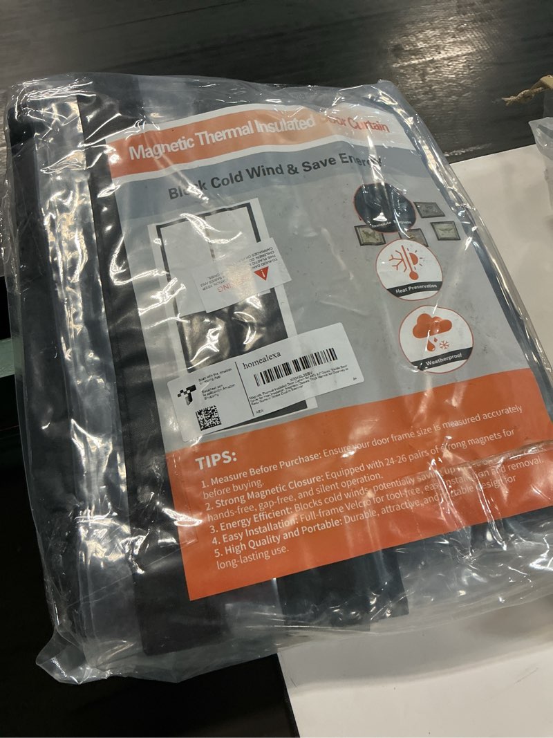 Condition photo showing New/Like New for magnetic thermal insulated door curtain for 48"x 80" doors, visible door cover for heat insulation, magnetic closure thick blanket for doorway to keep warm in winter cool in summer fit for door 48" x 80" black + clear