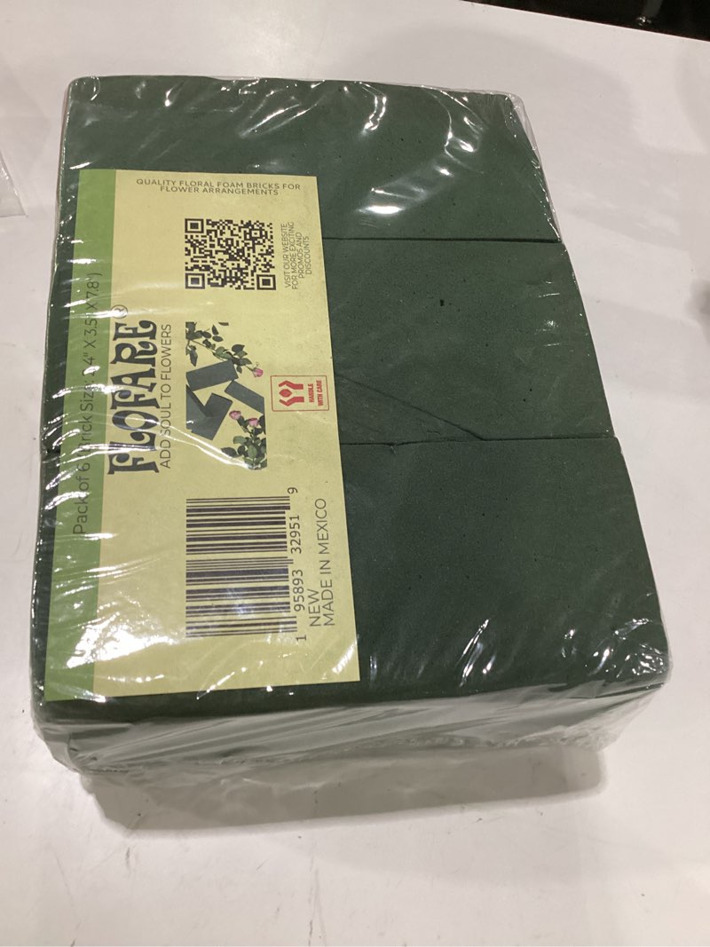 Condition photo showing As Is for flofare pack of 6, dry and wet floral foam blocks for fresh and artificial flowers, each (7.8” l x 3.5” w x 2.4” h), for wedding, birthdays, home, office, and garden decorations