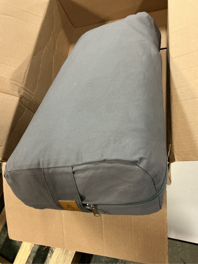 Condition photo showing Good Condition for Yoga Bolster Pillow 26x10.5x5.5in Rectangular Meditation Cushion for Massage and Back Support, Breathable Cotton Fill, Zippered Organic Cotton Cover, Easy-Carry Handle, Machine Washable (Dark Grey)