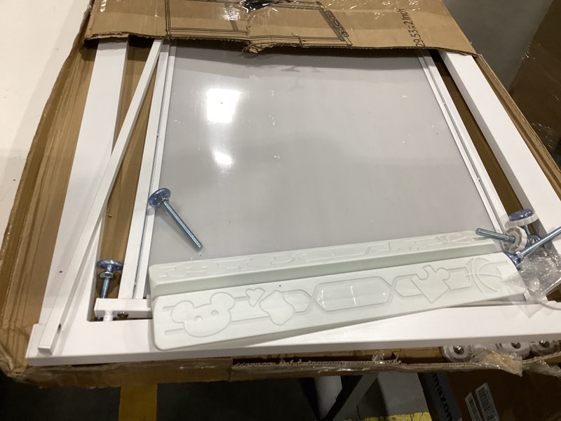 Condition photo showing As Is for 56" high extra tall cat gate, 29.5-34.26" wide clear acrylic baby gate for doorways stairs, no drilling pet safety gate indoor, metal frame transparent door for cats- white white w?29.5-34.26"
