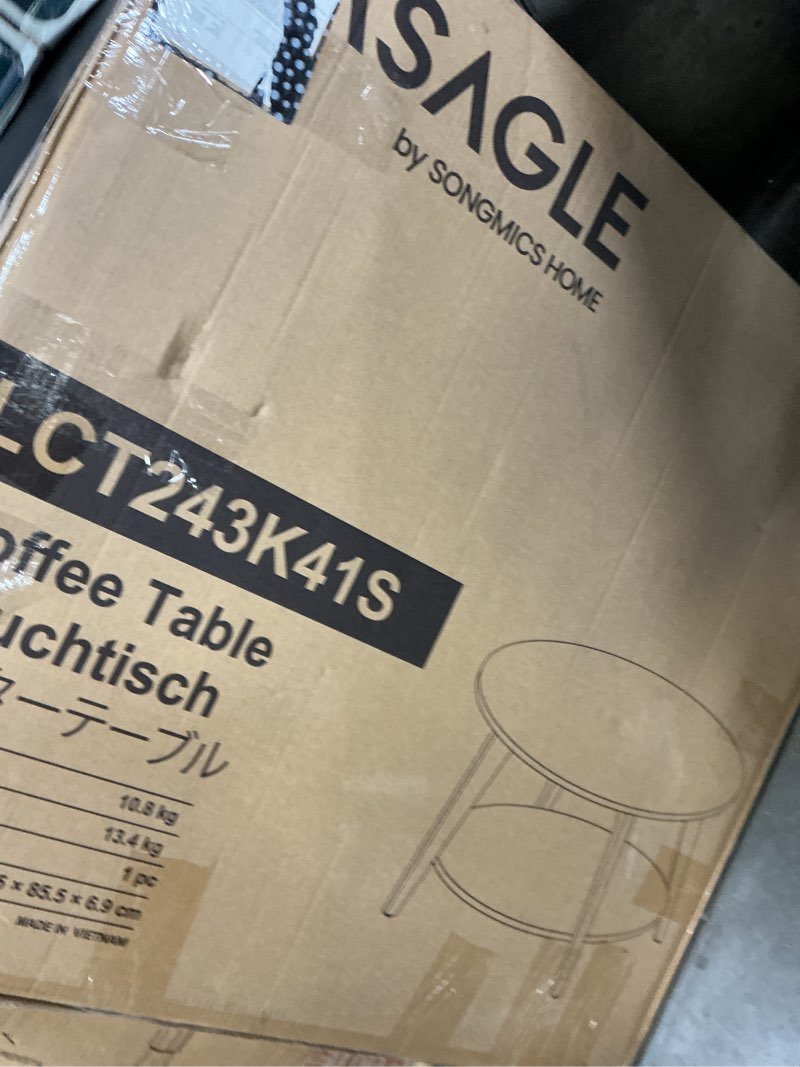 Condition photo showing New/Like New for vasagle maezo collection - round coffee table, 2-tier center table with storage, tapered legs, curved transitions, 31.5 dia. x 17.7 h inches, easy assembly, for living room, honey brown ulct243k41