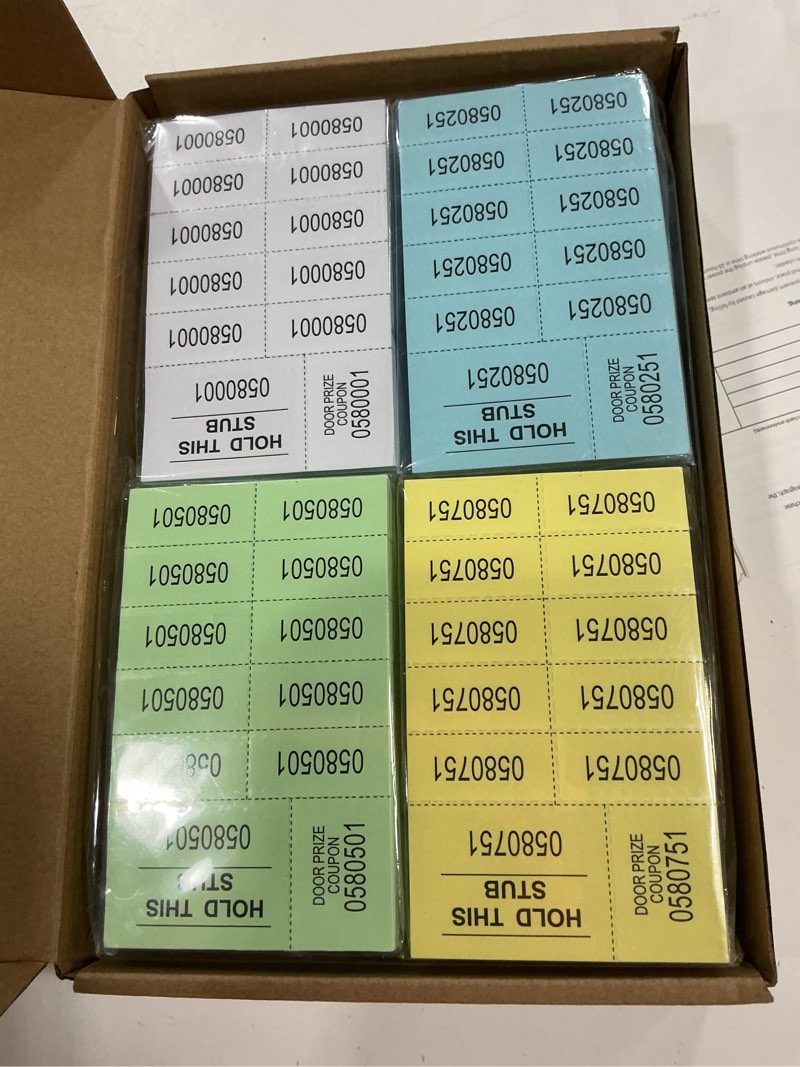 Condition photo showing item condition for Kosiz 1000 Sheets Raffle Tickets with 10 Bid Numbers Per Sheet Colored Raffle Tickets Sheets for Chinese Auction Basket Silent Auction Church Events(Light Color)