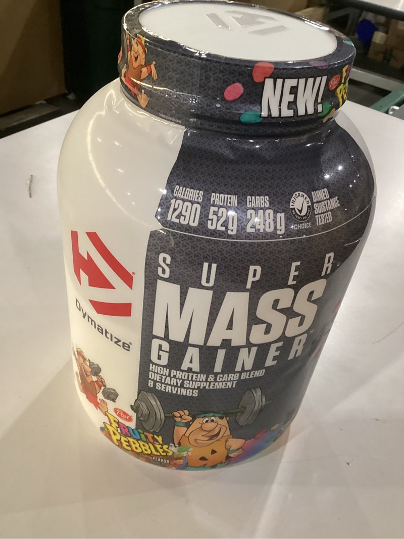 Dymatize Super Mass Gainer protein powder in the Fruity Pebbles flavor pack of 6