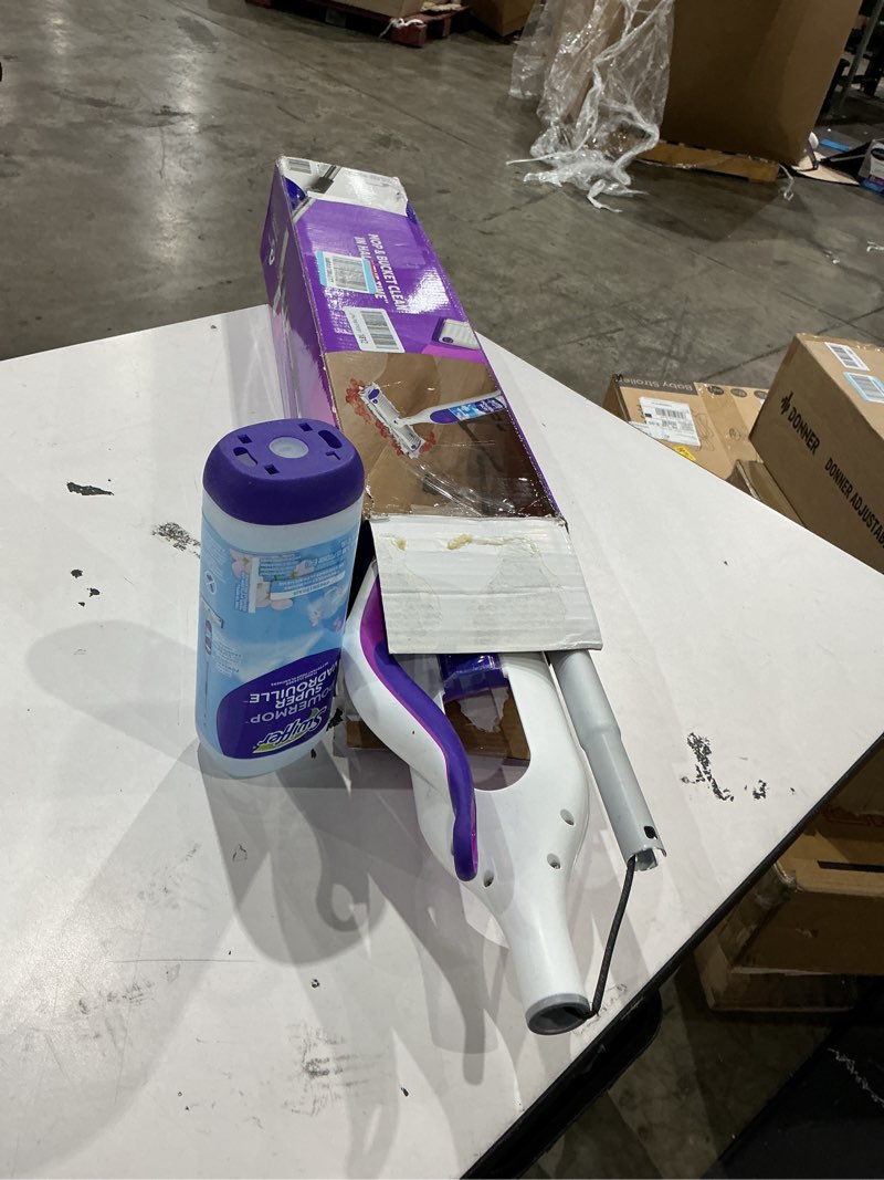 Condition photo showing Good Condition for swiffer powermop multi-surface mop kit for floor cleaning, fresh scent, mopping kit includes powermop, 2 mopping pad refills, 1 floor cleaning solution with fresh scent and 2 batteries purple and white