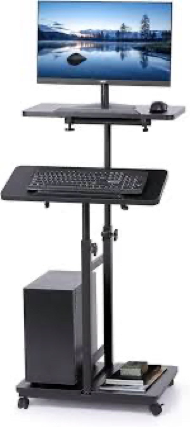 mobile laptop stand desk, standing or sitting rolling computer cart with tower stand, adjustable height 27.5\" to 47.2\" portable laptop table home office computer workstation, locking wheels black