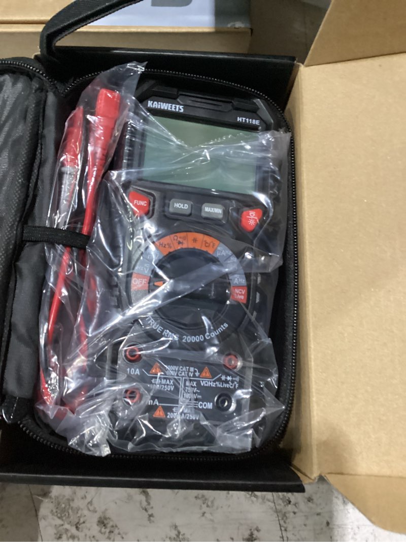 Condition photo showing New/Like New for kaiweets ht118e digital multimeter trms 20000 counts with higher resolution auto-ranging voltmeter accurately measures voltage current resistance diodes continuity duty-cycle capacitance temperature