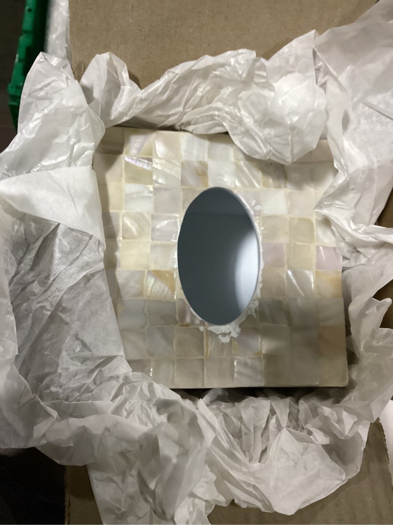 Condition photo showing New/Like New for 5.9” mother of pearl tissue box cover for kleenex and more – handcrafted square tissue holder with sliding bottom – decorative napkin dispenser for bathroom, bedroom, kitchen, office