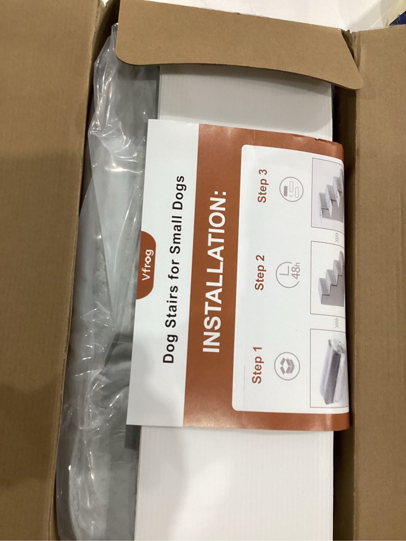 Condition photo showing New/Like New for Dog Stairs for Small Dogs,17.5" H,4-Step Dog Steps for High Bed Couch and Sofa,Pet Stairs for Dogs and Cats Climbing with Non-Slip Bottom and Washable Cover,Light Grey