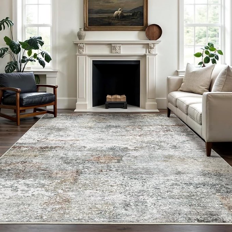 art&tuft washable rugs 8x10 - stain resistant abstract large area rugs for living room, 8x10 area rugs with anti-slip backing, foldable machine washable area rug(8'x10', grey/rust)
