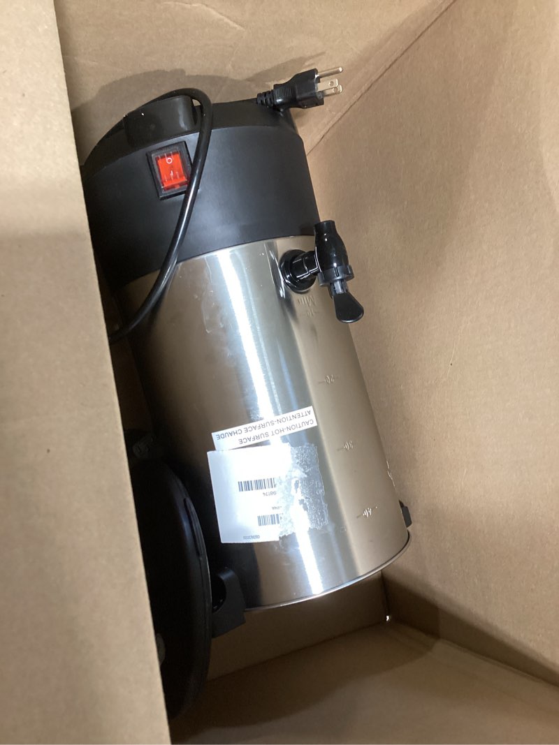 Condition photo showing As Is for sybo commercial grade stainless steel percolate coffee maker, hot water urn for catering, hot beverage dispenser, 40-cup, 6l, metallic
