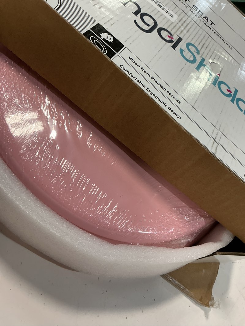 Condition photo showing New/Like New for pink round toilet seat natural wood toilet seat with zinc alloy hinges, easy to install also easy to clean, scratch resistant toilet seat by angol shiold (round, pink) round pink