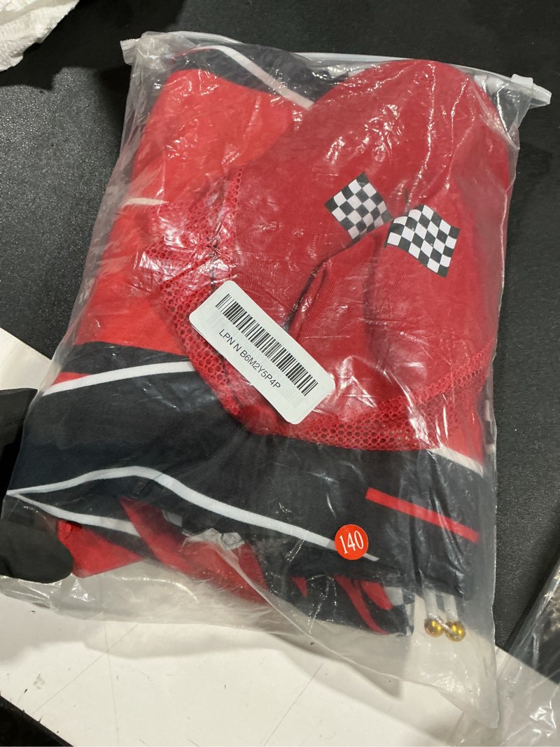 Condition photo showing Good Condition for race car driver costume boys racer jumpsuit with car cap kids dress up for halloween l(for height 54"-57") red and black