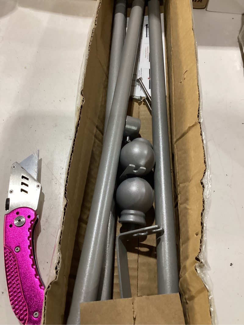 Condition photo showing As Is for missing hardware silver curtain rod 36-91 inch, 1 inch adjustable heavy duty curtain rods for windows, decorative modern window treatment rods, telescopic splicing metal drapery pole, easy installation silver 36''-91'' (1 pack)