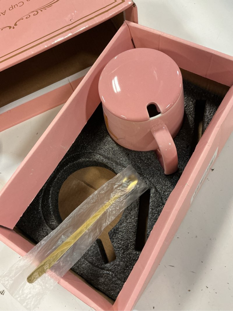 Condition photo showing As Is for self heating mug set, 13oz pink coffee mug warmer for desk with ceramic cup, lid, spoon & gift box, electric coffee cup warmer with constant temperature for home office, gift for coffee lovers