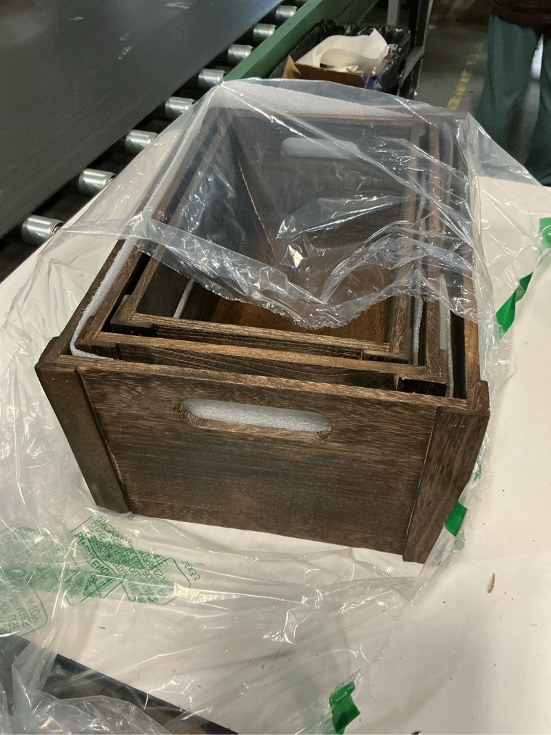 Condition photo showing Good Condition for frcctre set of 3 wood nesting storage crates with handles, decorative farmhouse wooden crates storage containers rustic handmade natural solid wood basket