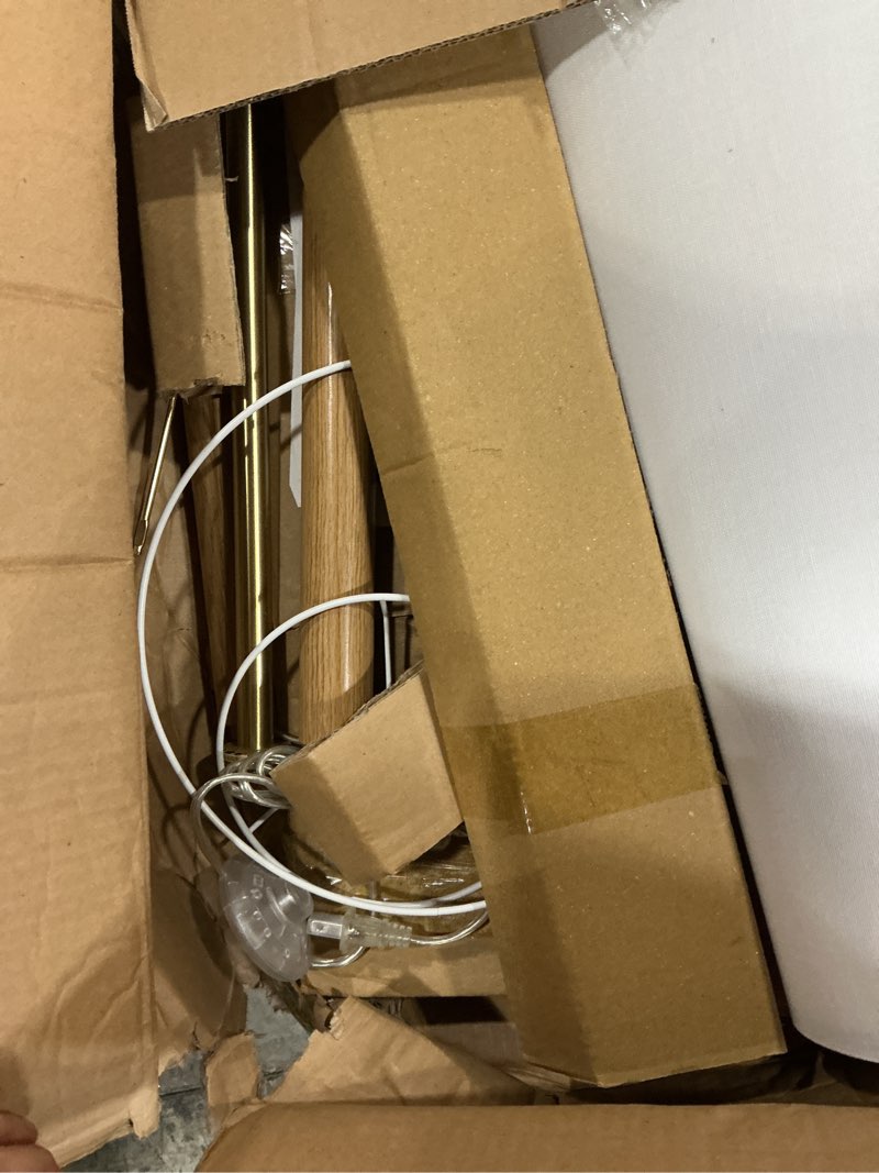Condition photo showing As Is for globe electric 61000173 63" floor lamp, matte brass, wood toned accent, long white fabric shade, in-line on/off foot switch, 6.7-foot clear cord, 1-light, 60w e26/medium base bulb matte brass, genevieve