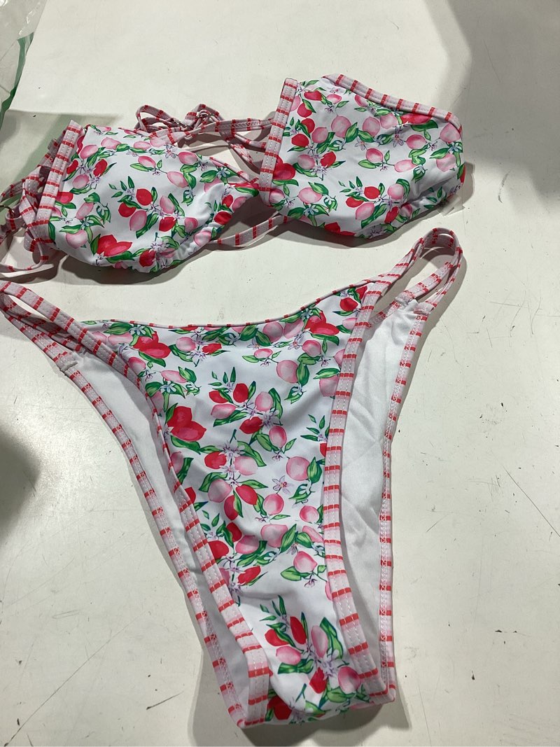Condition photo showing Good Condition for zaful women's floral bikini set color block double spaghetti strap high cut swimsuit two piece bathing suits 2-lemon red small