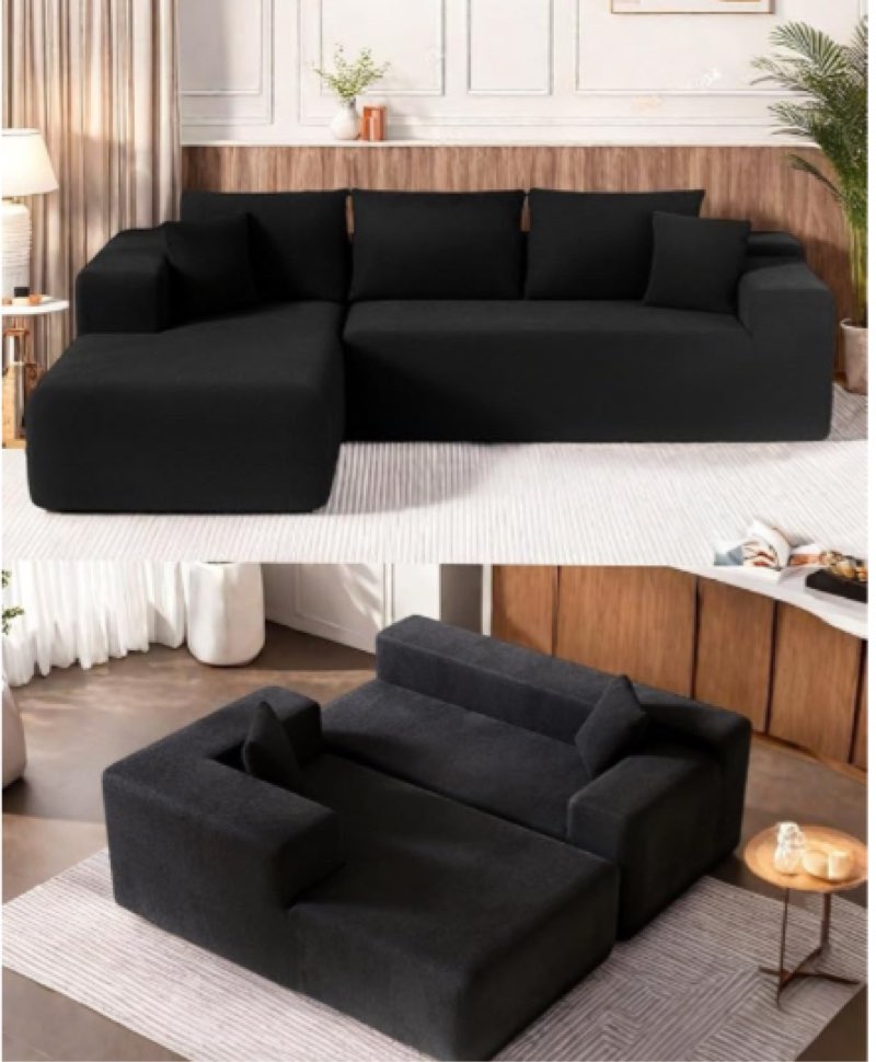 shape cloud sectional sofa, 104” modern modular boneless couch with right chaise lounge, compressed floor sofa with 5 pillows & deep seat, rain drop velvet couch for living room, black