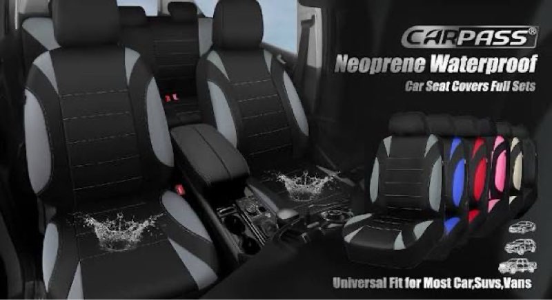 CAR PASS Waterproof Car Seat Covers Full Sets, Universal Fit Seat Covers for Cars, EVA Neoprene Seat Cover Set Full Sets, Interior Covers for Auto SUV,Vans,sedans, Trucks,(Black and Gray)