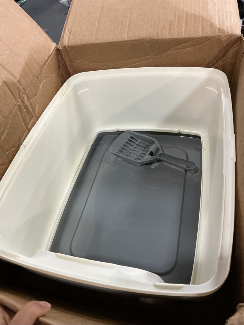 Condition photo showing Good Condition for amazon basics large cat litter box with high sides, open top for easy access, includes scoop with storage, 19" x 15" x 11.75", grey/beige grey/beige open top